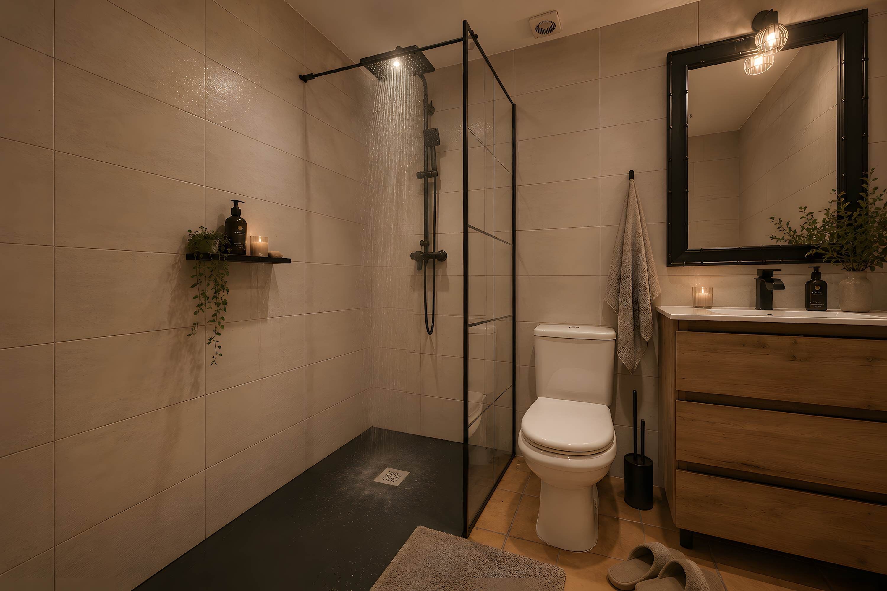 Un bany modern amb dutxa envidrada amb vidre, un vàter, un lavabo amb mirall i un moble de tocador de fusta.