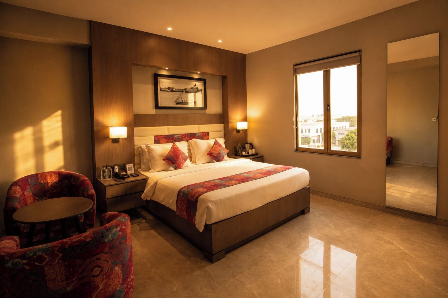 Habitación de hotel con una cama grande, dos mesitas de noche, una silla, una ventana con vistas a la ciudad y un cuadro enmarcado en la pared.