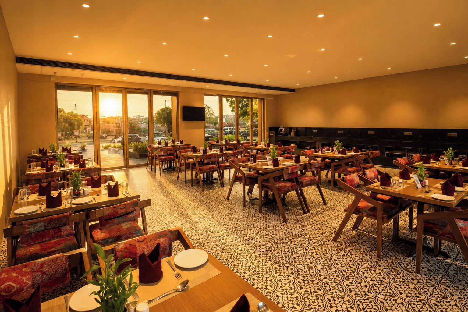 Un restaurante con varias mesas y sillas, piso estampado y amplios ventanales que ofrecen vistas al exterior.