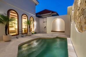 Un espace piscine comprenant un jacuzzi, une douche et un coin salon agrémenté d’un mur en pierre.