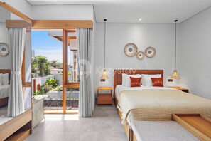 A modern bedroom with a large bed, bedside tables, a wooden headboard, and a view of the outdoors. - deTasia Villa by Kozystay - Jimbaran (Jimbaran)