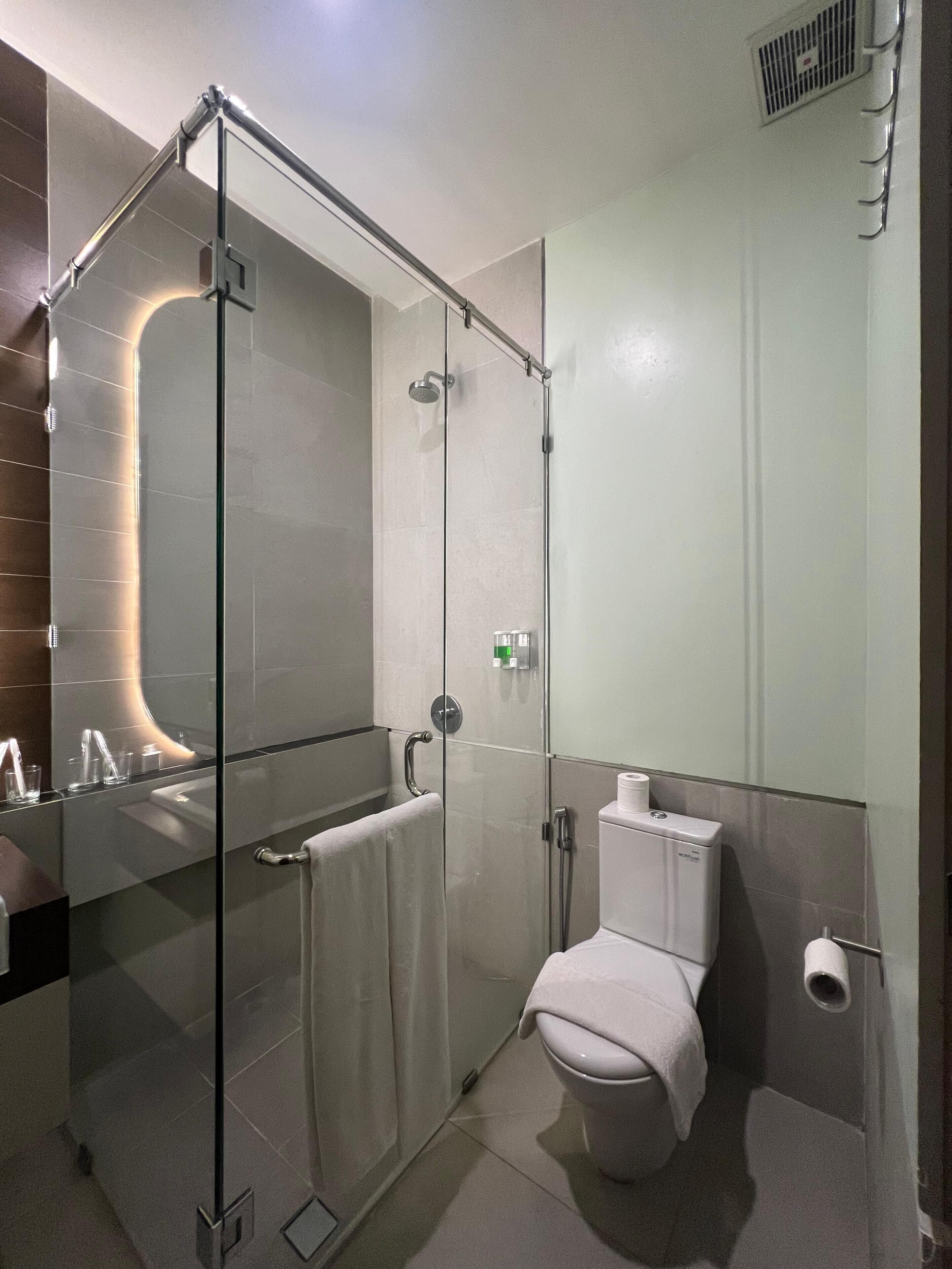 Une salle de bain moderne avec une douche à parois de verre, des toilettes et un lavabo avec un miroir.
