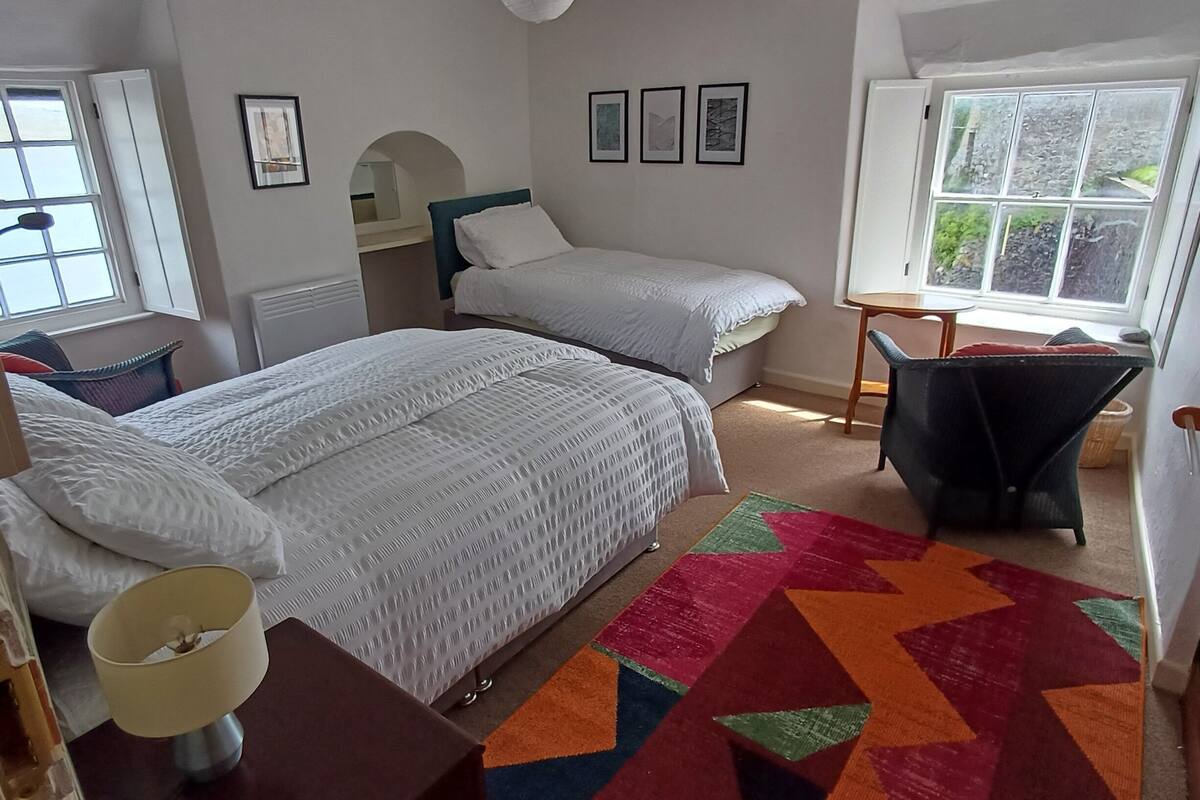 A bedroom with two beds, a desk, a chair, a colorful rug, and a window with a view.