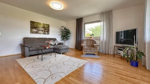Ein Wohnzimmer mit grauem Sofa, Couchtisch, Fernseher und einer Topfpflanze.