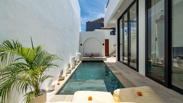 Una piscina estrecha con sillones de descanso y una planta en maceta a un lado.