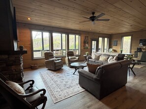 TV, fireplace - Heated Pool Cabin with View, Game Rm, Theater, Hot Tub, and FirePit (Gatlinburg)