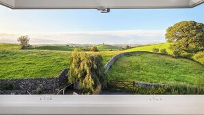 A view from a window overlooking a green landscape with rolling hills, a stone wall, and a tree. - 5 bedroom accommodation in Halfpenny, near Kendal (Halfpenny, near Kendal)