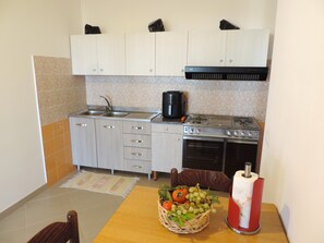 Een koelkast, een oven, een kookplaat, een koffiezetapparaat/waterkoker