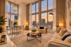 Un salon spacieux avec vue sur la ville, une table basse ronde, un canapé et un coin repas.