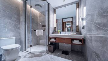 Shower, free toiletries, hair dryer, slippers
