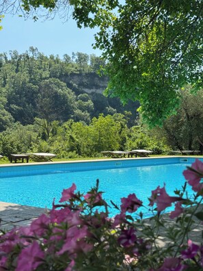 A swimming pool with a view of a forested hillside. - Borgo La Ferriera (Celleno)