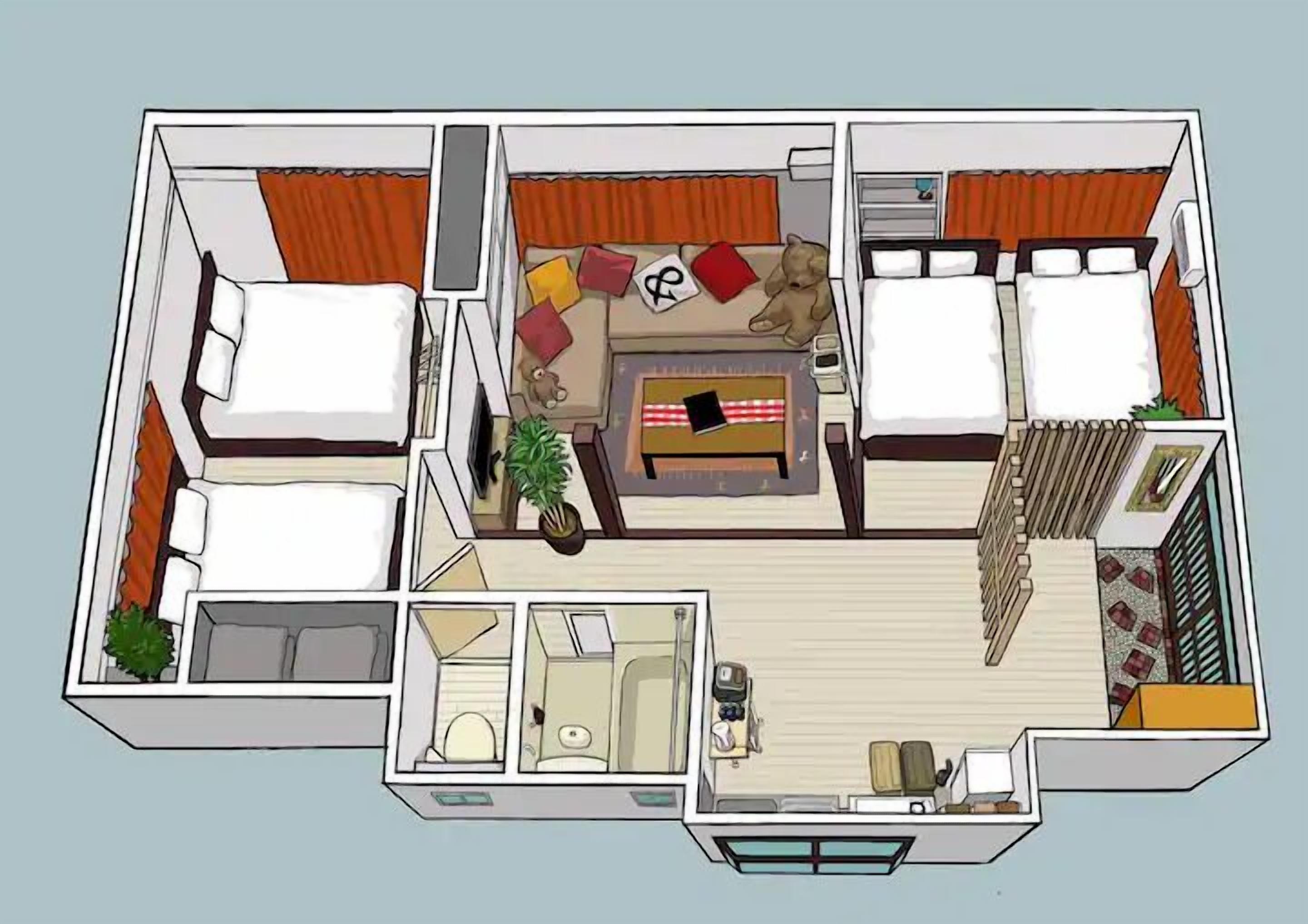 Plano de una habitación de hotel con dos camas, un sofá, una pequeña mesa de comedor y un baño.