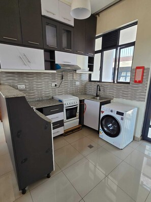 Full-sized fridge, microwave, oven, stovetop
