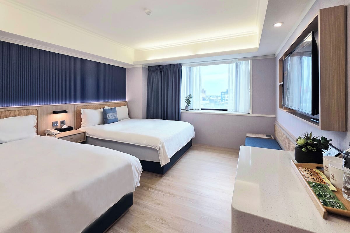 Habitación de hotel con dos camas, un televisor, una ventana con cortinas y una mesita con una planta.