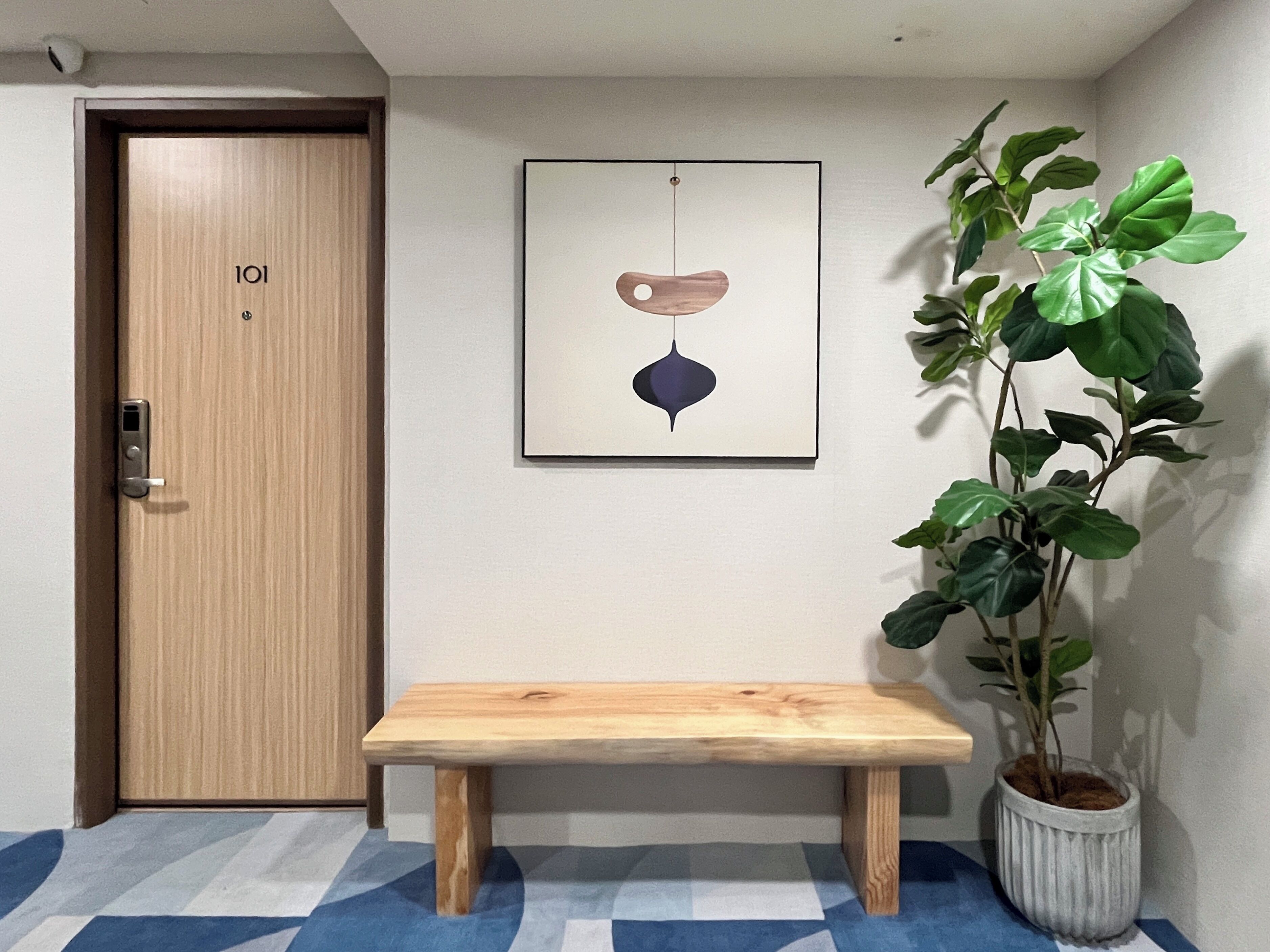 A wooden door with a lock, a bench, a framed artwork, and a potted plant.