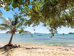 Une plage avec un palmier, une eau d’un bleu cristallin et des bateaux à l’horizon.