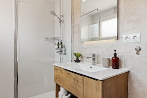 Shower, hair dryer, towels