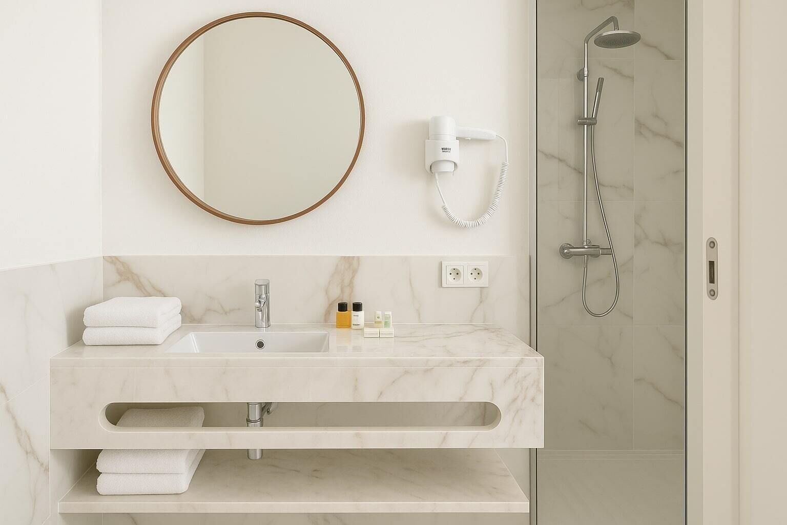 Quarto casal ou duplo conforto, vista parcial para o mar | Banheiro | Chuveiro, secador de cabelo, toalhas de banho, sabonete