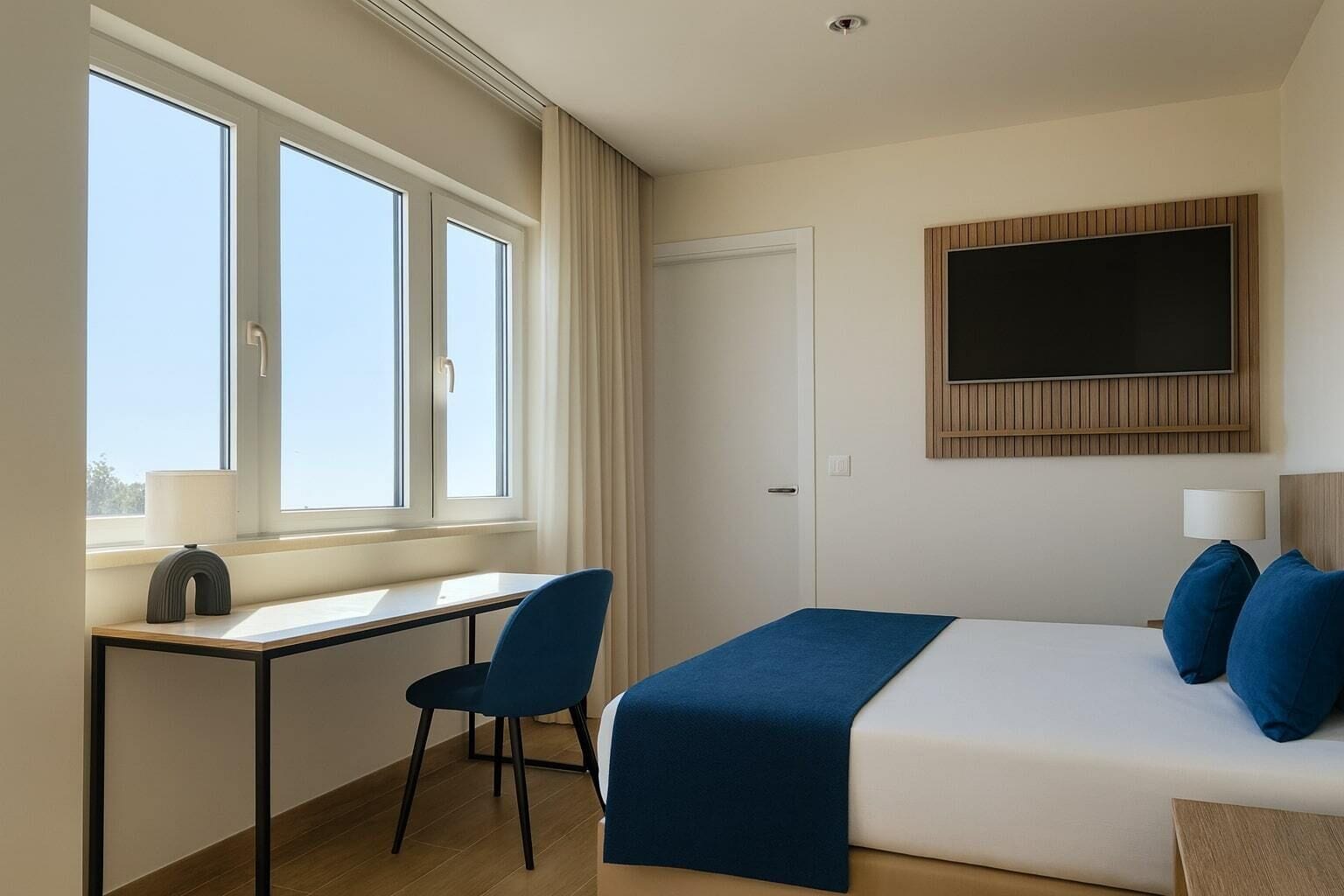 A hotel room with a bed, a desk, a chair, a TV, and a window.