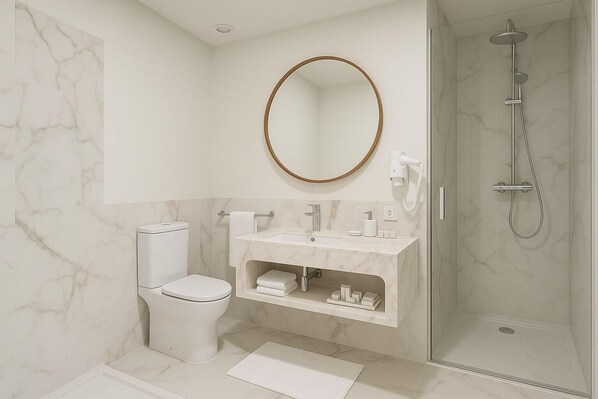 A modern bathroom with a toilet, sink, mirror, and shower. - Hotel Infante Santo (Lisbon)