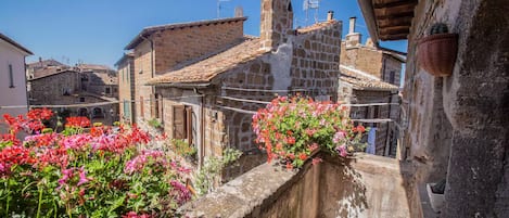 A narrow street with stone buildings, a stone wall, and flowering plants.