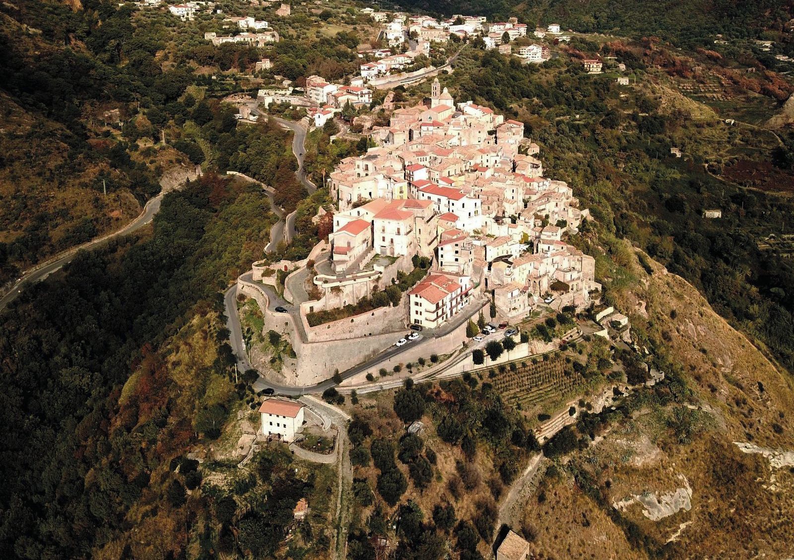 An aerial view of a historic town with a central fortified area, surrounded by residential buildings and dense vegetation.