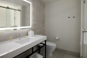 Ducha, secador de pelo, toallas, jabón