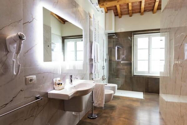 Dusche, Haartrockner, Handtücher, Seife