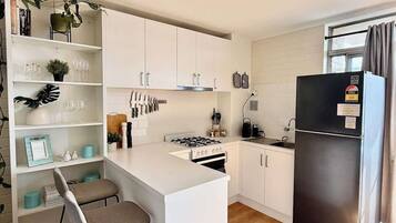 Fridge, oven, stovetop, coffee/tea maker