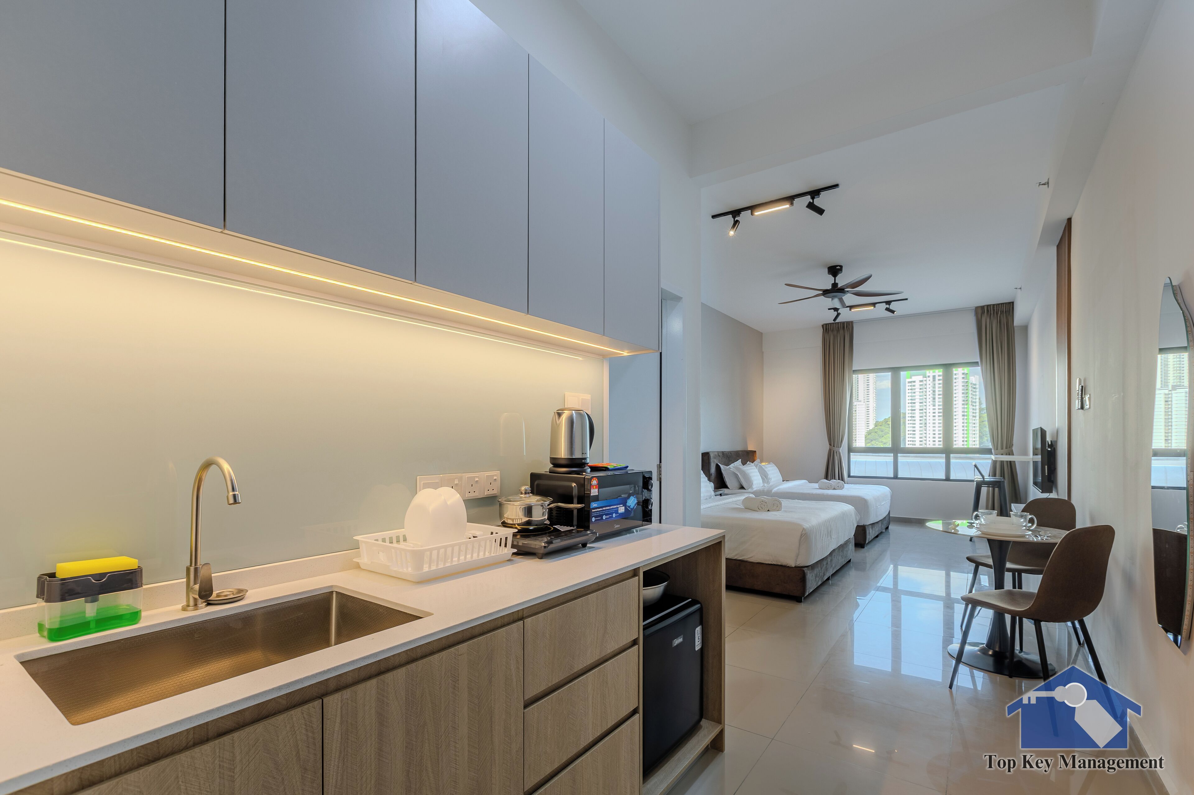 Fridge, microwave, cookware/dishes/utensils