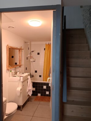 Hair dryer, towels, soap, toilet paper
