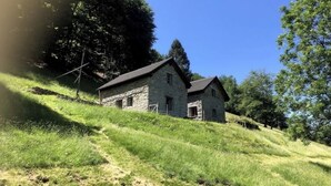 A stone house with a sloped roof, situated on a grassy hill with trees in the background. - Idyllic country house in Rasa - Centovalli (Centovalli)