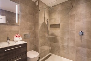 Hair dryer, bidet, towels, toilet paper