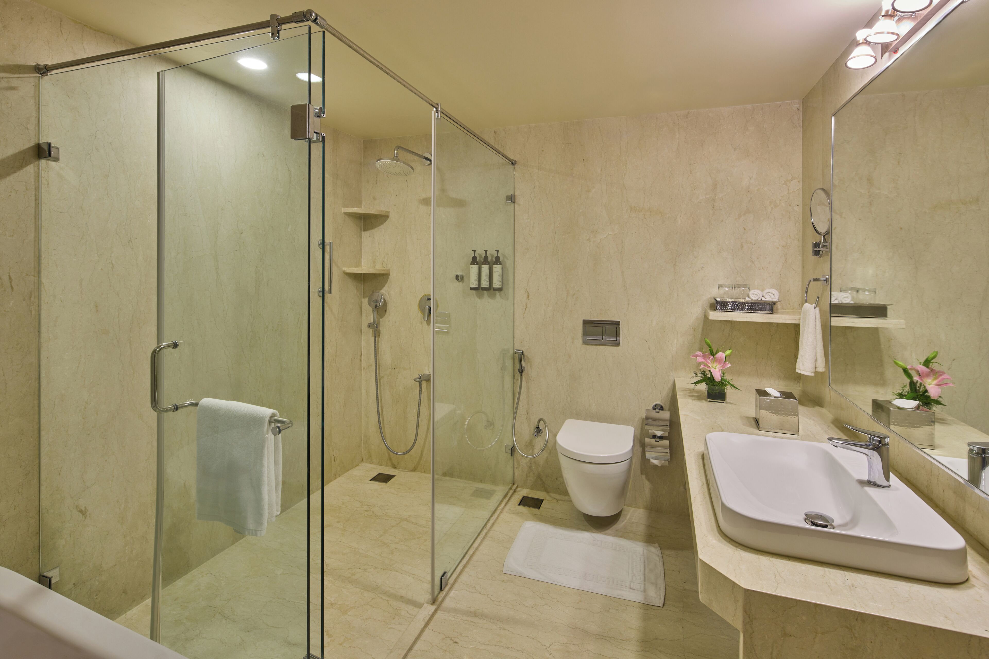 A modern bathroom with a glass-enclosed shower, a white sink, and a toilet.