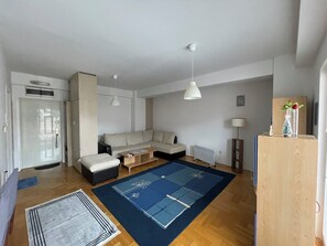 Un salon moderne avec un canapé, une table basse, un tapis bleu et un meuble en bois.