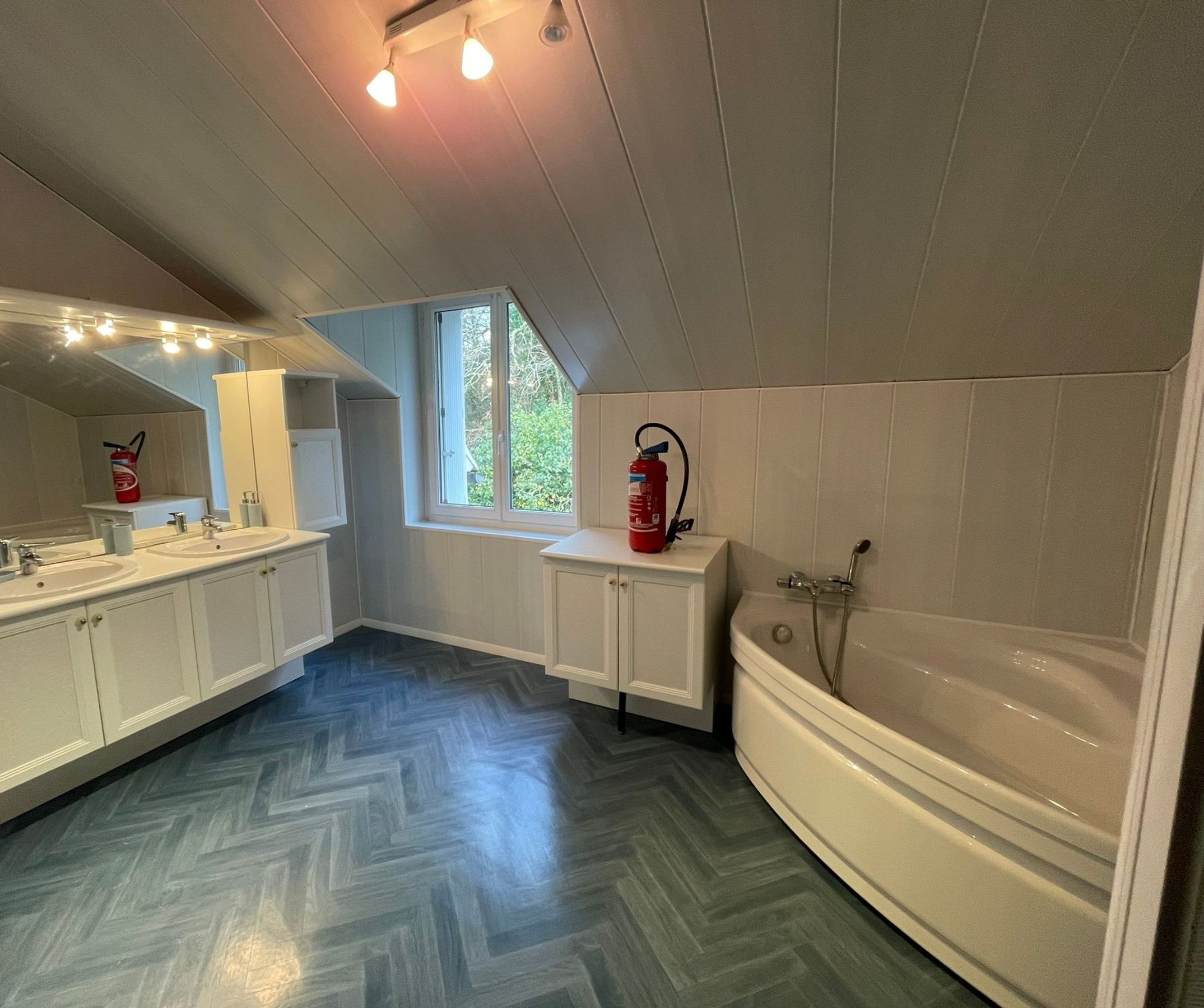Een badkamer met een groot raam, een bad en een wastafel met twee kommen.