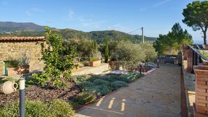 Ein gepflasterter Weg führt zu einem steinernen Gebäude mit einem Ziegeldach, umgeben von einem Garten mit verschiedenen Pflanzen und Blick auf ferne Hügel.