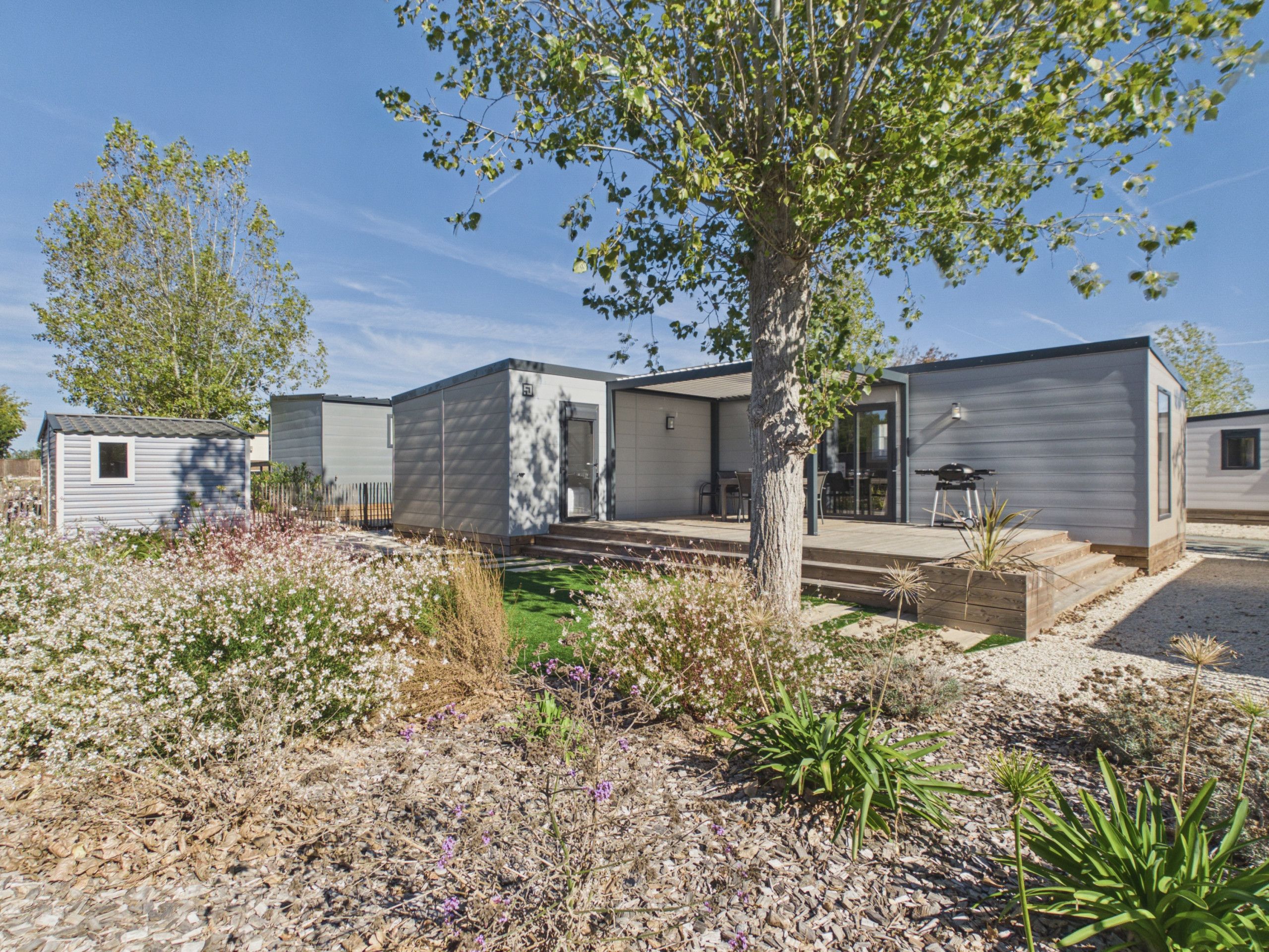 A row of modern, single-story mobile homes with a gravel driveway and a small garden area with various plants.