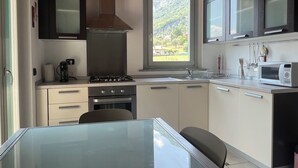 A modern kitchen with a gas stove, oven, microwave, and a window with a view of greenery.