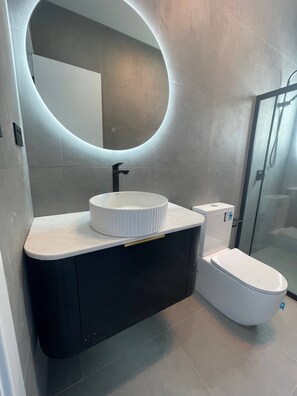 Shower, hair dryer, towels, toilet paper