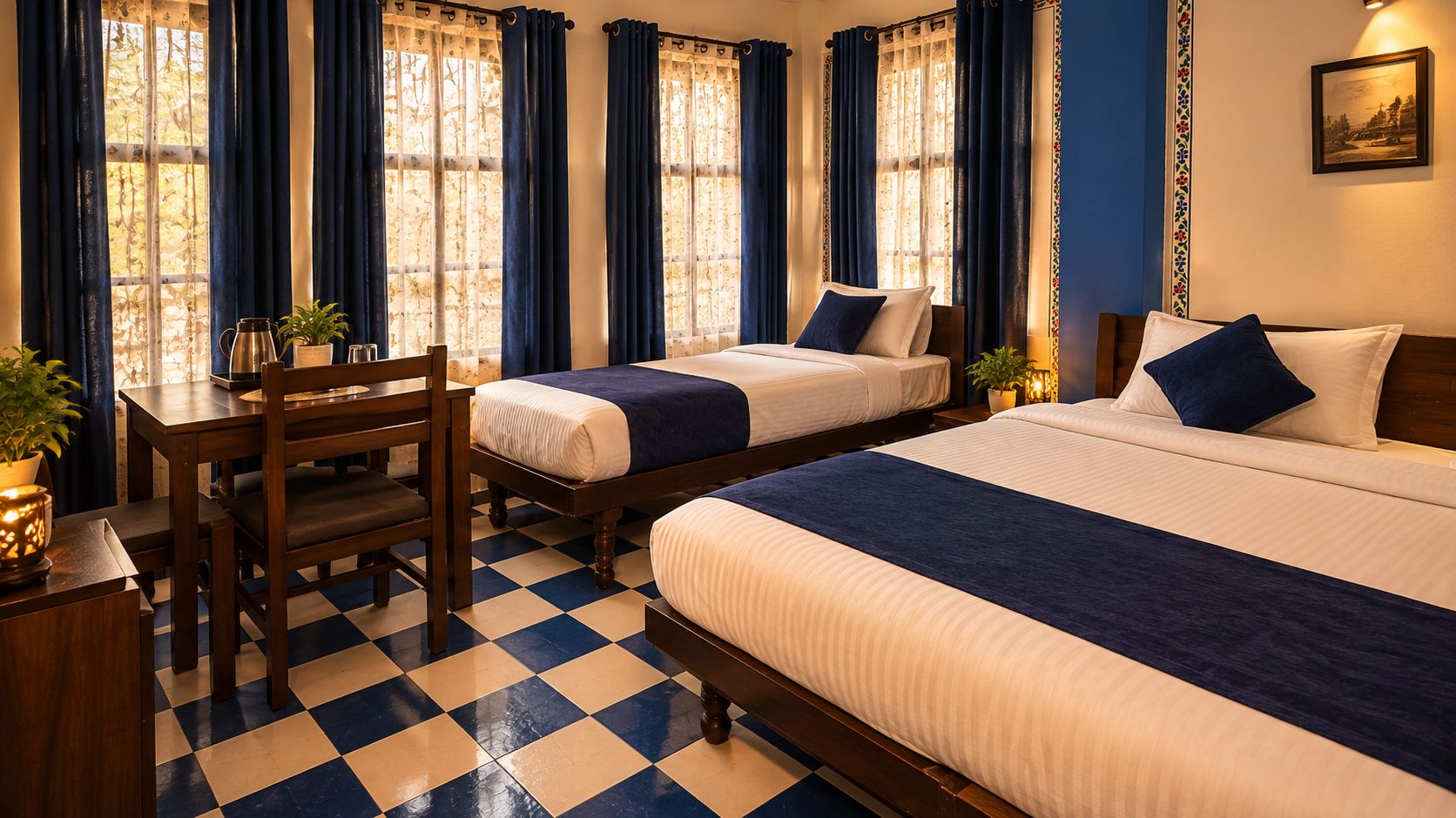 Quarto de hotel com duas camas, uma secretária de madeira e chão xadrez.