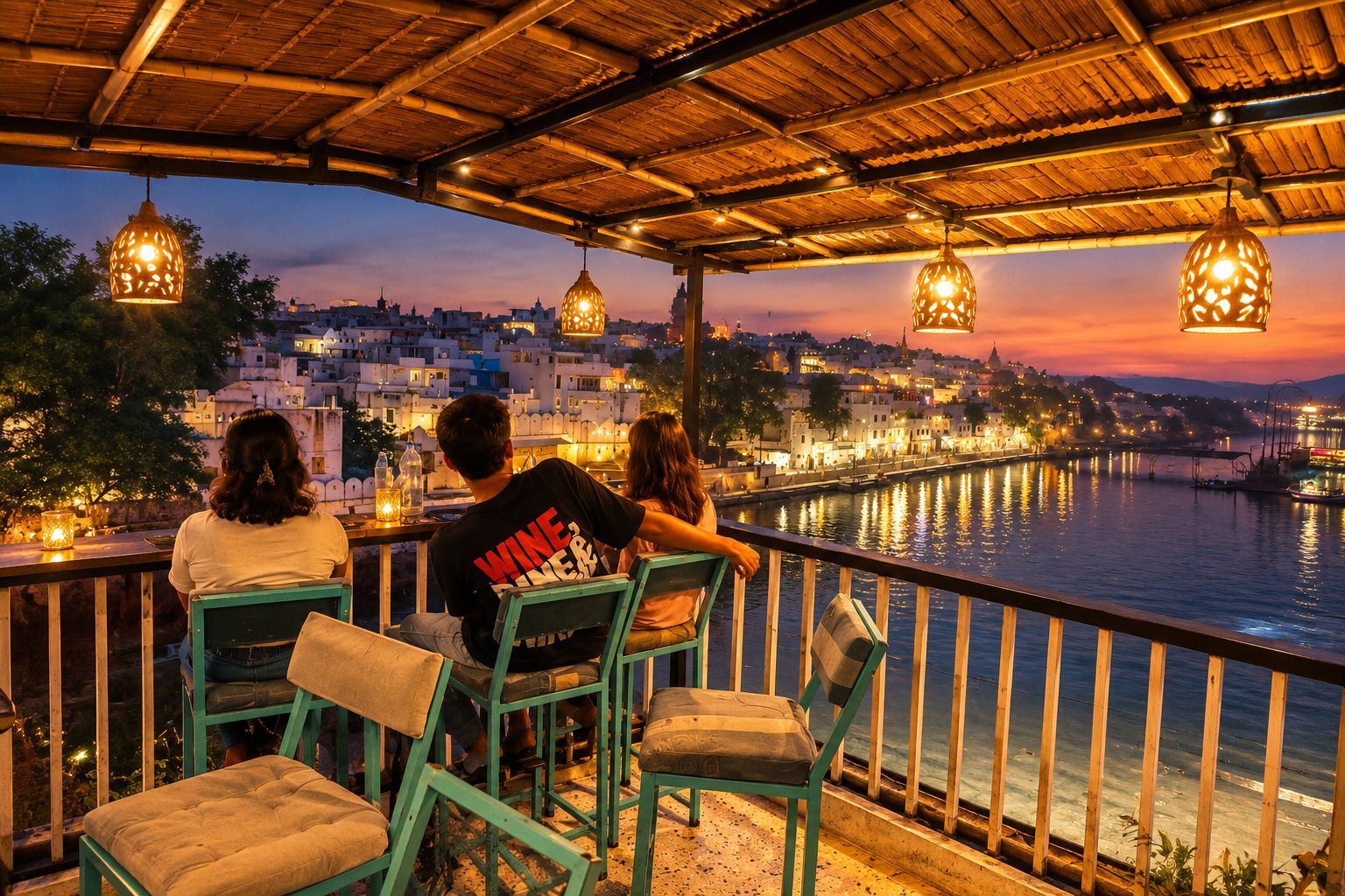 A terrace with seating overlooking a river, with buildings in the background.