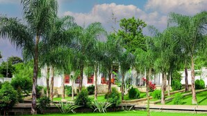 Un jardin luxuriant, avec des palmiers et un bâtiment blanc aux portes rouges.