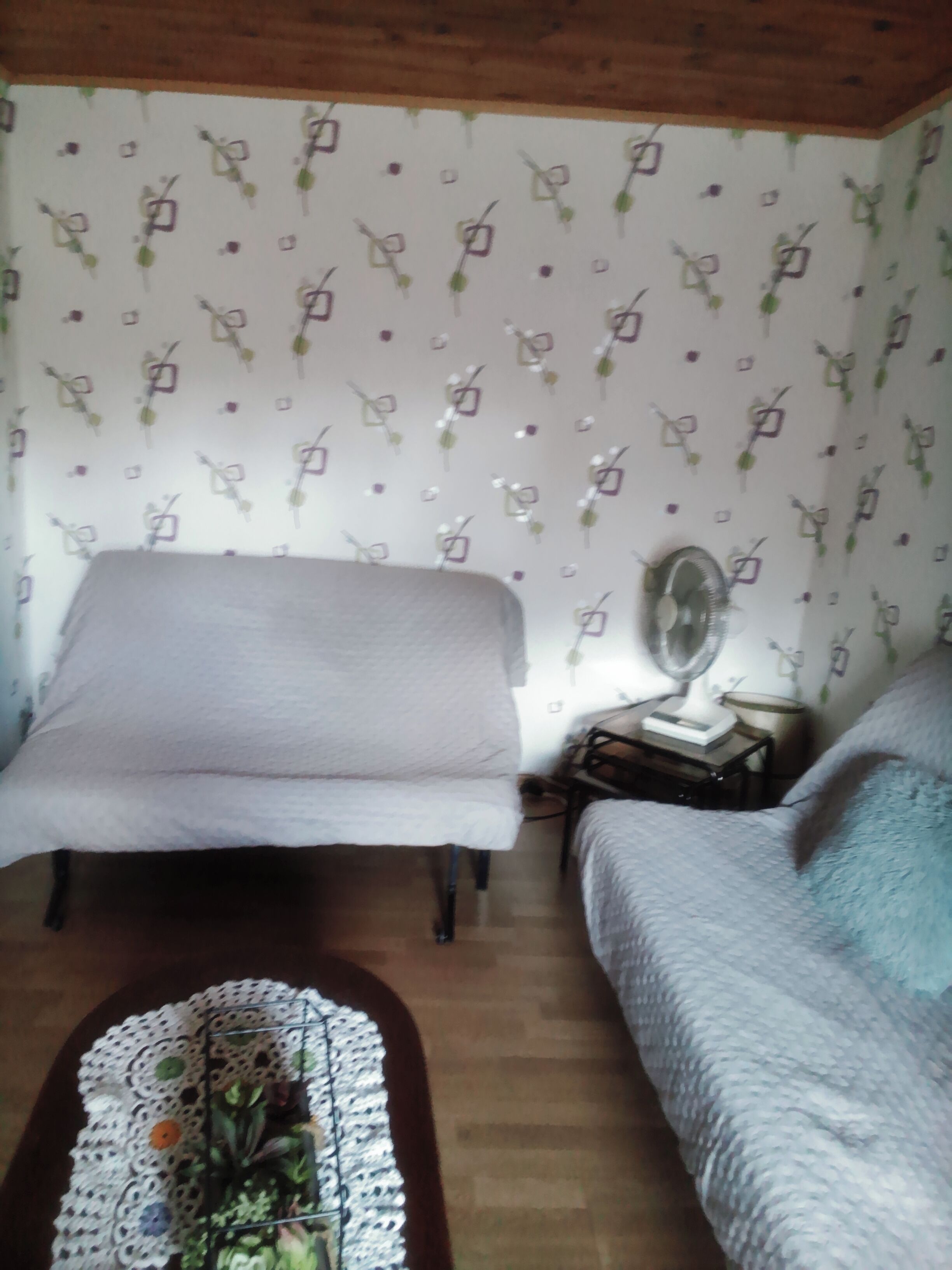 Une pièce comprenant un lit, un canapé, une petite table ornée d’un objet décoratif et un ventilateur mural.