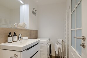 Shower, hair dryer, soap