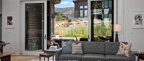 Smart TV, fireplace, books, offices