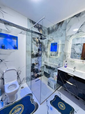 Hair dryer, towels, soap, toilet paper