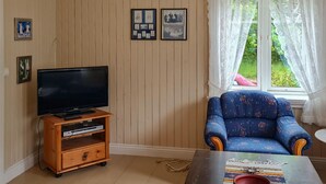 Una sala de estar con televisor sobre un mueble de madera, un sillón azul con estampado y una ventana con cortinas translúcidas.
