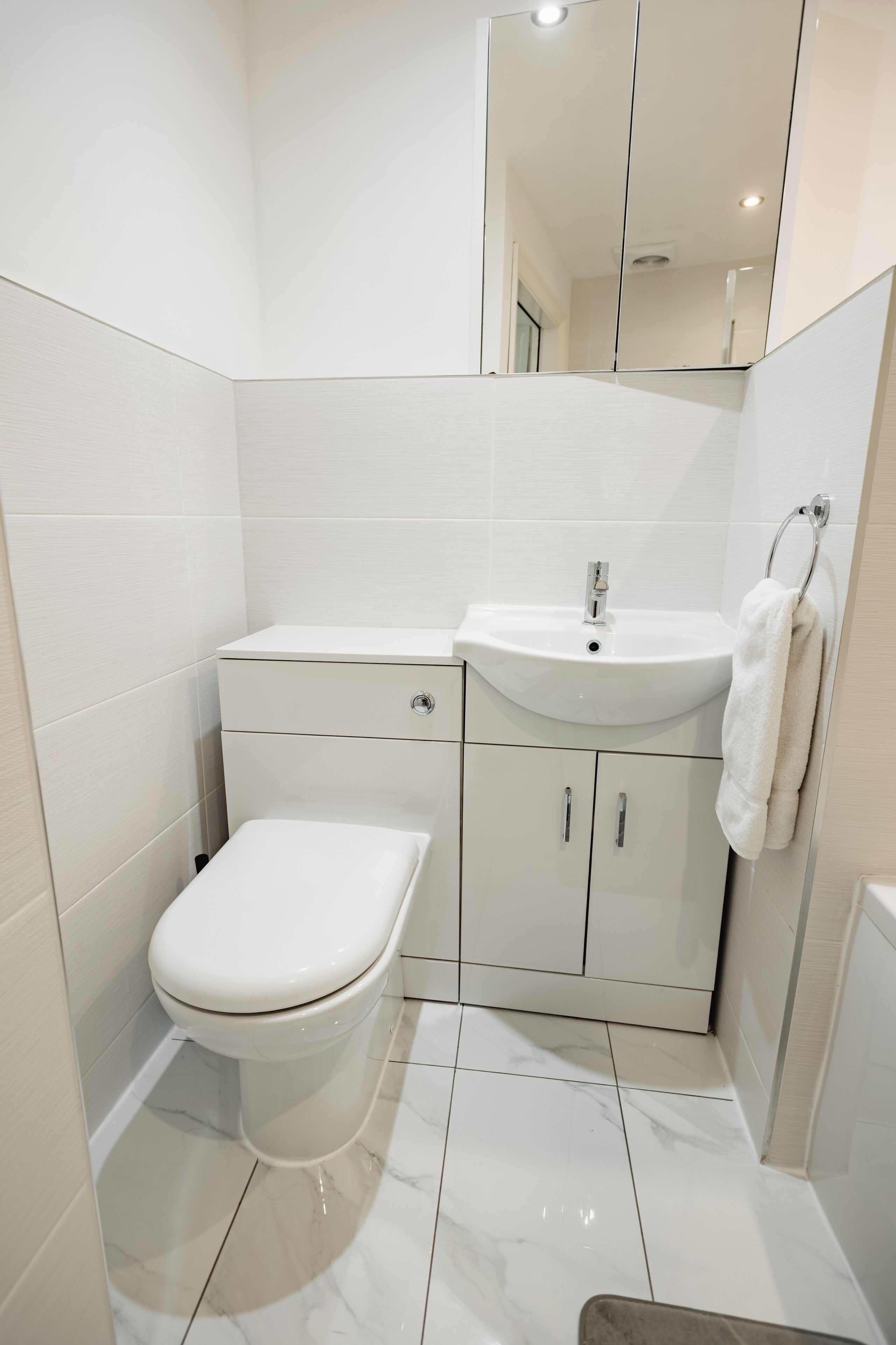 A modern bathroom with a toilet, sink, and mirror.
