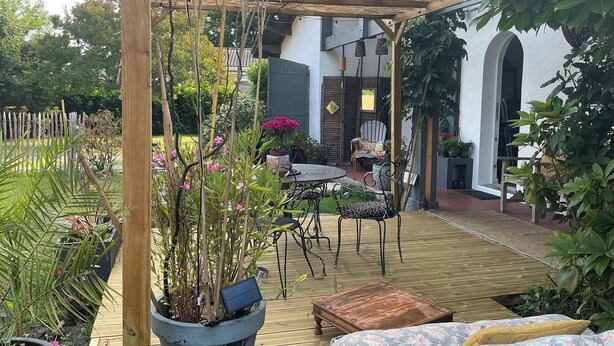 Eine Terrasse im Freien mit Holzdeck, einem Tisch mit Stühlen, einer Couch und verschiedenen Kübelpflanzen.